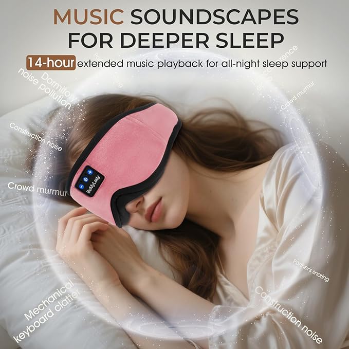 Sleep mask Headphones,100% Blackout 3D Zero Eye Pressure Bluetooth Sleep mask Breathable Eye mask with Bluetooth Headphones Sleep Headphones for Side Sleepers, 14H Playtime&Bluetooth 5.4 Pink - Bloomnest