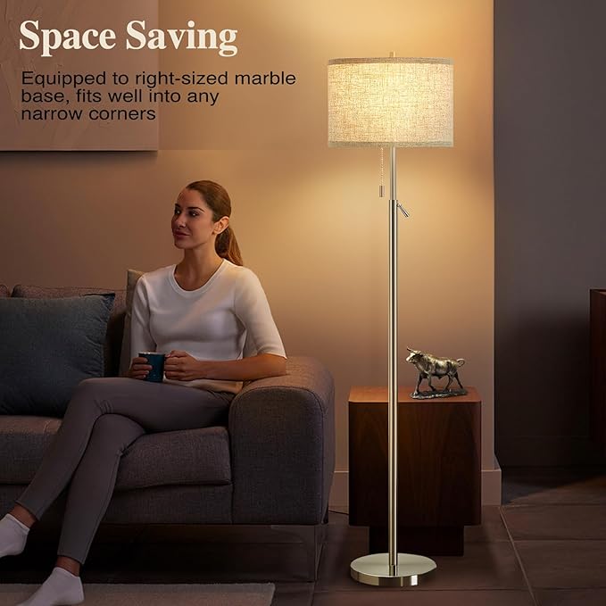 GyroVu Silver Floor Lamp, Height Adjustable Standing Lamp Tall Lamp with Fabric Lampshade&Pull Chain Corner Floor Lamps for Living Room, Bedroom & Office Bulbs Not Included(Silver) - Bloomnest