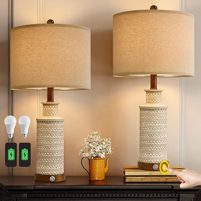 BOBOMOMO 24.5'' 3-Way Dimmable Touch Control Table Lamp Set of 2 with Dual USB Charging Ports for Bedroom Living Room Vintage Rustic Farmhouse Traditional Nightstand Bedside Lamps(Bulbs Included) - Bloomnest