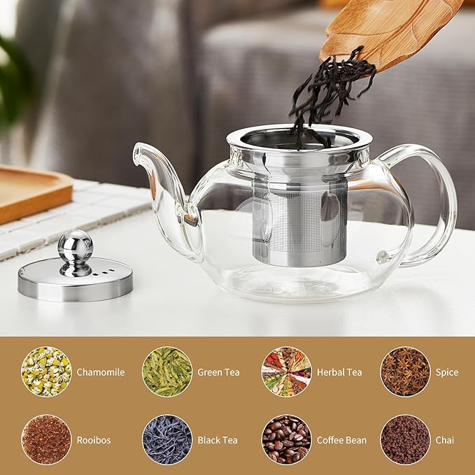 Glass Teapot Stovpetop Safe,20 oz/ 600 ml Stove Top & Microwave Safe Small Borosilicate Glass Kettle with Loose Leaf Tea Strainer For Flower Blooming Tea, Clear - Bloomnest
