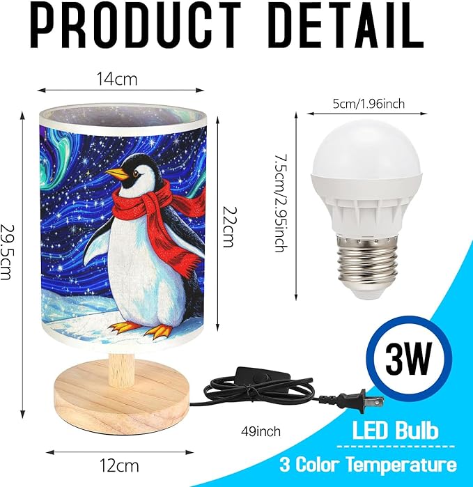 Penguin Table Lamp LED 3-Color Pressed Bedside for Merry Christmas, Penguin Shade Christmas Table Lamp with Wood Base for Bedroom Living Room Desk Office - Bloomnest