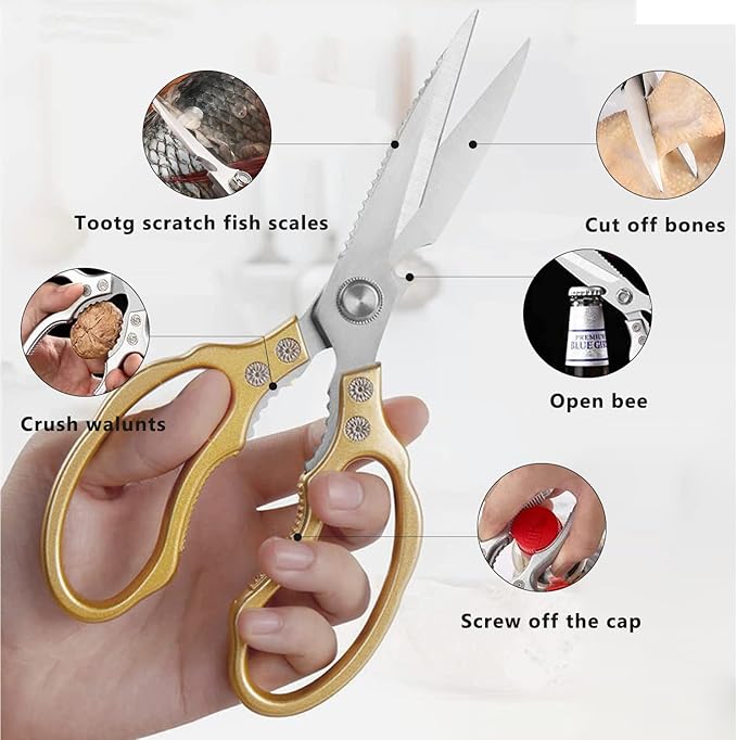 AWinjoy Kitchen Scissors, Heavy Duty Sharp Shears Dishwasher Safe, Kitchen Accessories Cooking Shears for Meat Chicken Fish Poultry Herb Bread (gold) - Bloomnest