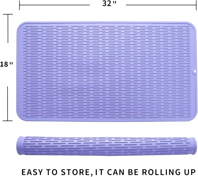 Silicone Dish Drying Mat for Multiple Usage,Easy clean,Eco-friendly,Heat-resistant Silicone Mat for Kitchen Counter or Sink,Refrigerator or Drawer Liner Light Purple 4XL 32 inches x 18 inches - Bloomnest