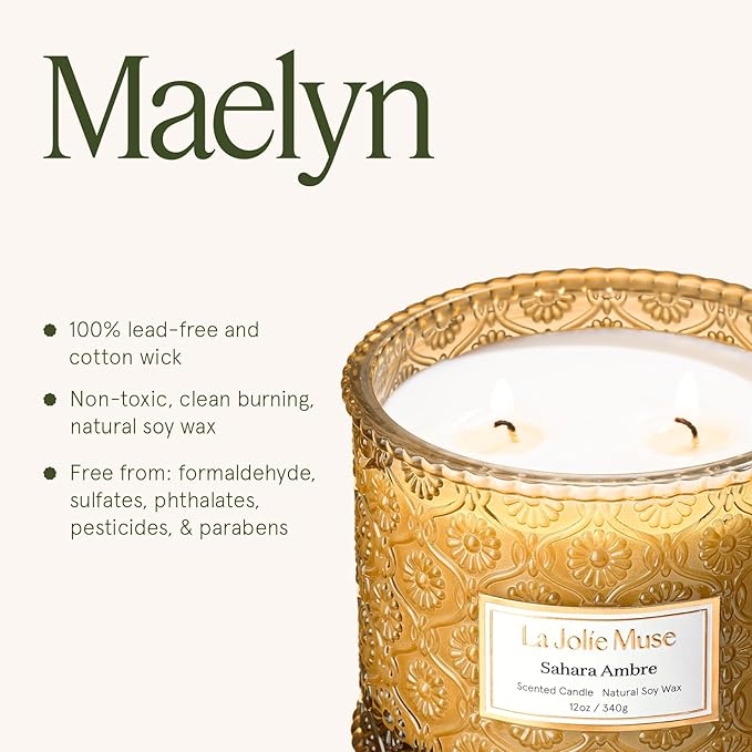 LA JOLIE MUSE Sahara Amber Candle – Bergamot, Clove & Amber | 12 oz Large 2-Wick Soy Wax Candle | 60 Hours Clean Burn | Gift-Ready for Hosts & Gatherings | Elegant Home Décor - Bloomnest