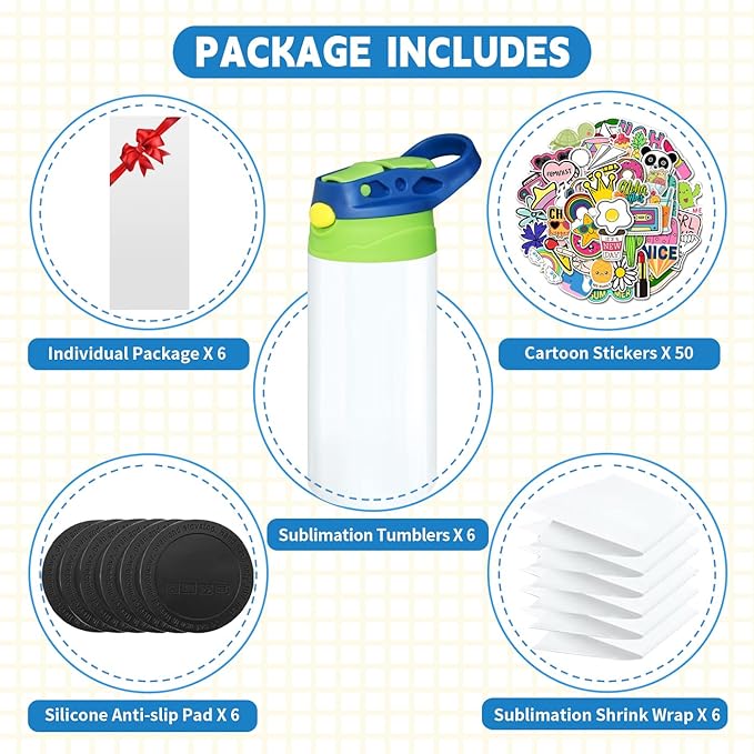 6 PACK Kids Sublimation Tumblers, 12oz Blank Sippy Cups, Stainless Steel Sublimation Water Bottle Blanks for DIY Heat Press Print Crafting Gift (6pack) - Bloomnest