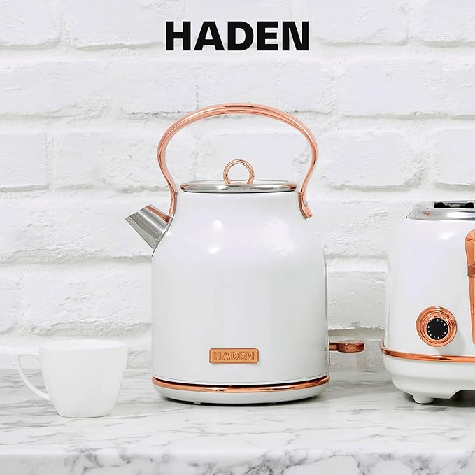 Haden Heritage 1.7 Liter Stainless Steel Electric Kettle, Hot Water Kettle with 360-Degree Base and Auto Shutoff, Ivory & Copper - Bloomnest