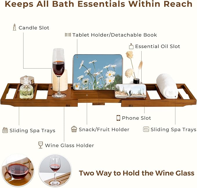 Teak Bathtub Tray, Luxury Bath Table Tray with Wine Glass and Phone Holders & Book Stand, Foldable Wooden Bathtub Caddy for Home Spa Relaxation, Bath Gift for Women（Natural Teak） - Bloomnest