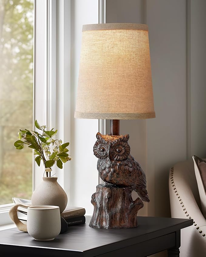 14.25" Small Table Lamp for Living Room Farmhouse Bedside Resin Single Lamp with Brown Owl Lamp Shape for Bedroom Retro Rustic Nightstand Lamp - Bloomnest