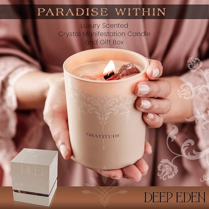 Luxury Crystal Candle for Women - Velvet Rose & Patchouli Scented Aromatherapy Candle - Manifestation Candle with Strawberry and Clear Quartz Crystals -7.4oz Natural Coconut, Soy Wax Wood Wick Candles - Bloomnest