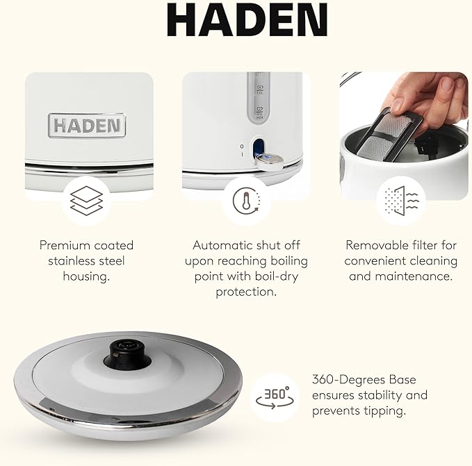 Haden Heritage 1.7 Liter Stainless Steel Electric Kettle, Hot Water Kettle with 360-Degree Base and Auto Shutoff, Ivory & Chrome - Bloomnest
