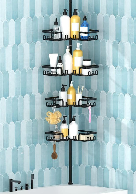 KEGII Adjustable Shower Caddy Corner Tension Pole, Rustproof Shower Rod Organizer with Hooks, Floor to Ceiling Tension Rod 25-114.2 Inch, Bathtub Storage Organizer for Shampoo, 4-Tier Black - Bloomnest