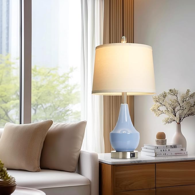 Modern Blue Table Lamp Set of 2, 24" Ceramic Table Lamp with USB A+C Ports,Classic Beside Lamps Nightstand Lamp Modern Lamp for Living Room, Bedroom & Office -LED Bulbs Included - Bloomnest