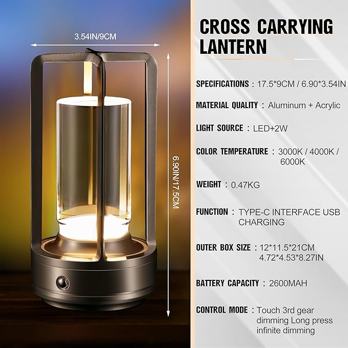 Portable Metal Table Lamp,Cordless Table Lamp, Rechargeable Battery Operated Lights, LED Table Lamps, 3 Color Stepless Dimming Touch, for Bedroom Restaurant Home Outdoor (Sliver) - Bloomnest