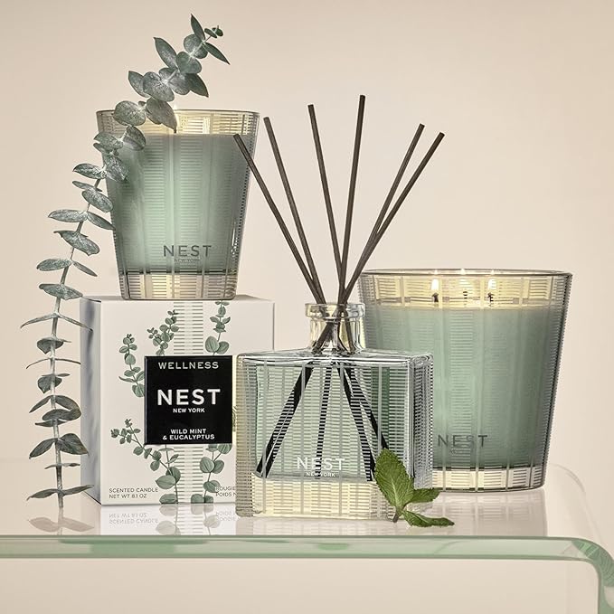 NEST New York Reed Diffuser, Wild Mint & Eucalyptus - 5.9 fl oz - Fragrance for Up to 90 Days - Reusable, Refillable Glass Holder - Includes 8 All-Natural Reed Sticks - Flame Free - Bloomnest