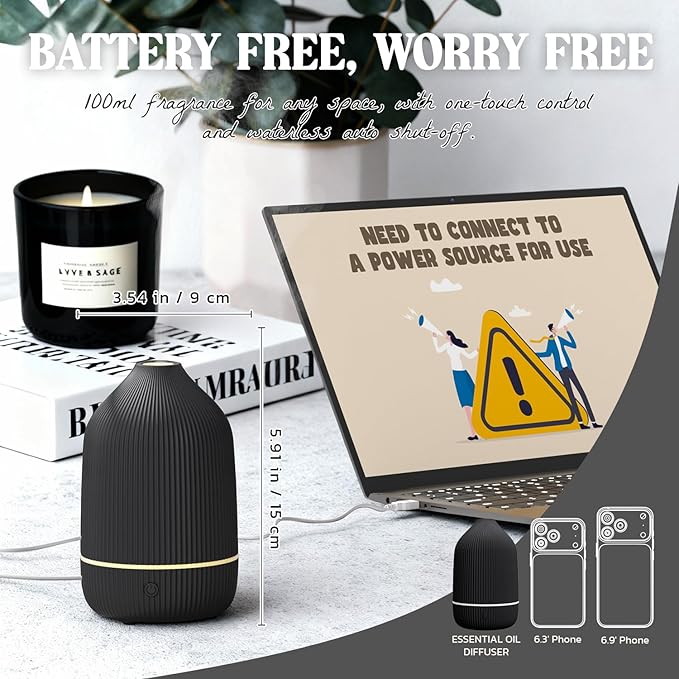 Essential Oil Diffuser, 100ml Aromatherapy Diffuser, Mini Ultrasonic Diffuser for Essential Oil, Home, Office, Cool Mist Humidifier with 7 Led Light, Auto Shut-Off, Black - Bloomnest