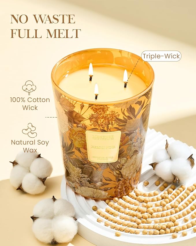 M&SENSE Neroli Noir Scented Candle 3 Wick 35oz 150H Long Lasting, Natural Soy Candles Fall Winter Stress Relief Calm Home Fragrance Festival Thanksgiving Christmas Housewarming Gifts for Home Decor - Bloomnest