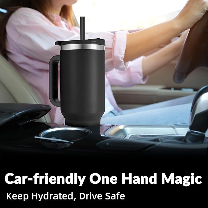 WETOWETO 40oz Tumbler with Handle and Lid | 100% Leakproof Insulated Stainless Steel Travel Mug | Keeps Cold 34Hrs/Hot 10Hrs | Dishwasher Safe, Fits Car Cup Holder (Midnight Black Color) - Bloomnest