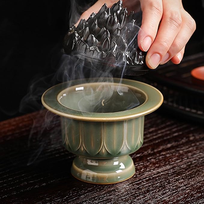 Ceramic Incense Burner with Lid of Mountain Shape,Incense Cone Holder for Coil Incense and Powder Incense,Mediation Gift,Room Decor(Celadon) - Bloomnest
