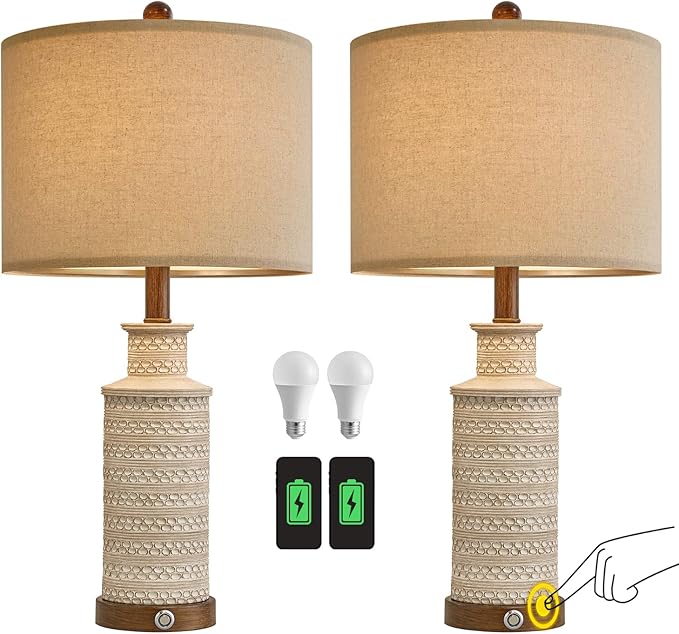 BOBOMOMO 24.5'' 3-Way Dimmable Touch Control Table Lamp Set of 2 with Dual USB Charging Ports for Bedroom Living Room Vintage Rustic Farmhouse Traditional Nightstand Bedside Lamps(Bulbs Included) - Bloomnest