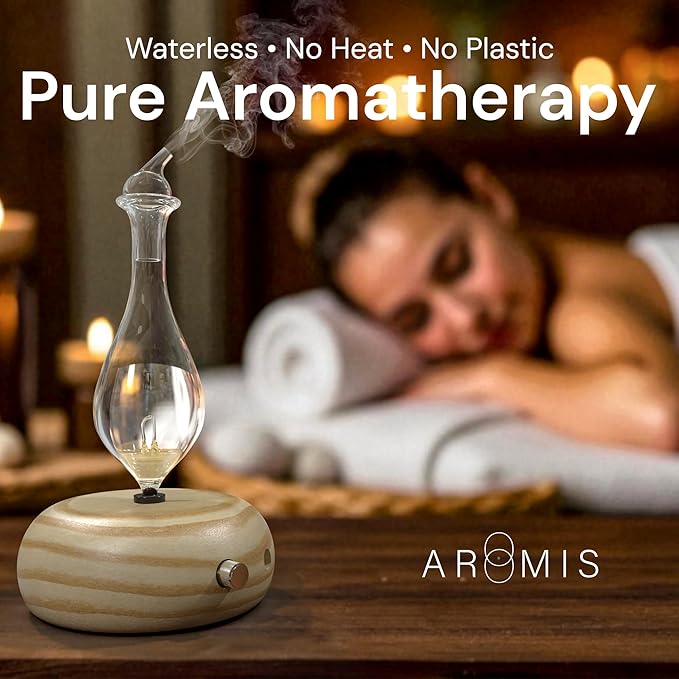 ArOmis Premium Glass Essential Oils Nebulizer - Waterless Diffuser for Aromatherapy - Handmade Oil Diffuser, Wooden Base, No Plastic, No Heat, No Battery, No LEDs - Orbis Lux Merus ArOmis