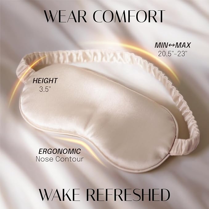 Silk Sleep Mask Eye Mask Blindfold with Double Layer Silk Filling and Elastic Strap for Full Night's Sleep, Travel and Nap, Soft Eye Cover Eyeshade with Luxury Bag and Ear Plugs (Champagne) - Bloomnest