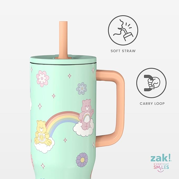 Zak Designs Care Bears Sutton Travel Tumbler for On the Go, 30oz Stainless Steel with Vacuum Insulation, Silicone Straw, and Carry Handle for Cold Drinks (Care Bears) - Bloomnest