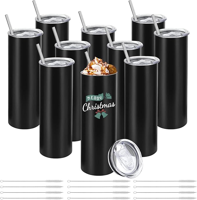 YOUKE OLA 10 Pack Stainless Steel Skinny Tumblers 30oz Bulk Straight Double Wall Insulated Tumbler with Lid and Straw for Travel, DIY Gift, Black - Bloomnest