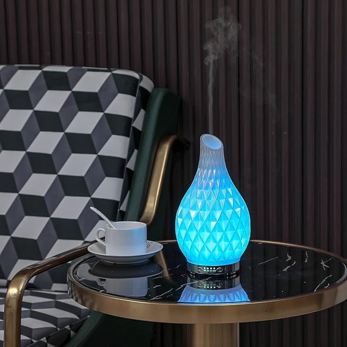 MAXWINER Essential Oil Diffuser Handmade Art Glass Aromatherapy Ultrasonic Humidifier with 7 Colors Lights Changing, Waterless Auto Shut-Off, Time Setting for Home, Office, Room 120ml (Diamond) - Bloomnest