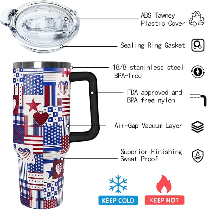 Ceovfoi 4th of July tumbler American Flag Gifts -40 oz Patriotic Vacuum Insulated Stainless Steel Travel Tumblers with Handle Lid and Straw,Patriotic Military Gifts For Veterans, Police, Fathers Day - Bloomnest