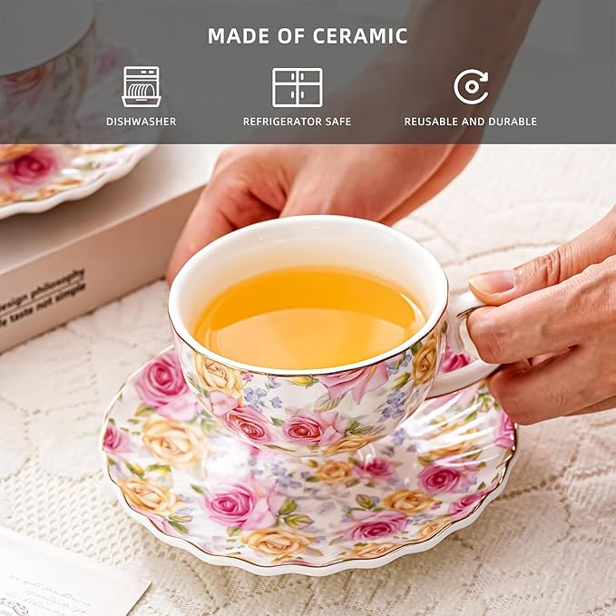 Tea Cup and Saucers, 6.4oz floral ceramic tea cups, Coffee Cappuccino Espresso Latte Mugs for Party Birthday,Christmas Gift (Pink and yellow roses) - Bloomnest