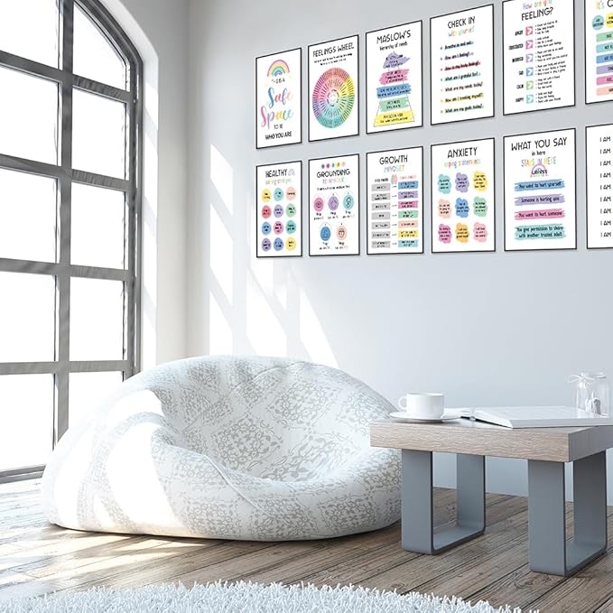 Qaxrocyn 12 Pcs Mental Health & Emotional Regulation Poster for Anxiety Relief & Self Care, 10 * 14″ Colorful Psychological Wellness Wall Art Decor for Office Classroom Home Counseling (Style B) - Bloomnest