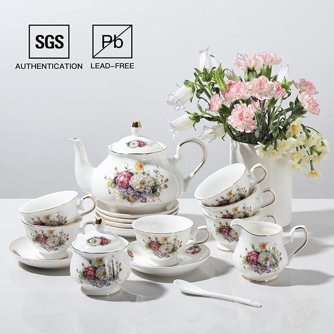 Sweejar Ceramic Teapot with Infuser, Floral Relief Gold Rimmed Teapot, 29 OZ Porcelain Tea Pot for Blooming and Loose Tea, Coffee...(Flower Style) - Bloomnest
