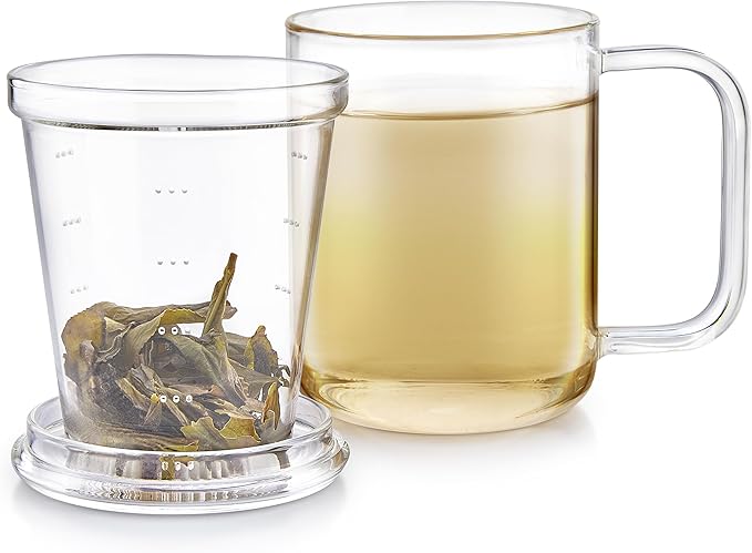 Teabloom Loose Tea Microdot Glass Mug with Lid – 12oz Single-Serve Borosilicate Glass Cup with Infuser for Hot and Cold Beverages - Bloomnest