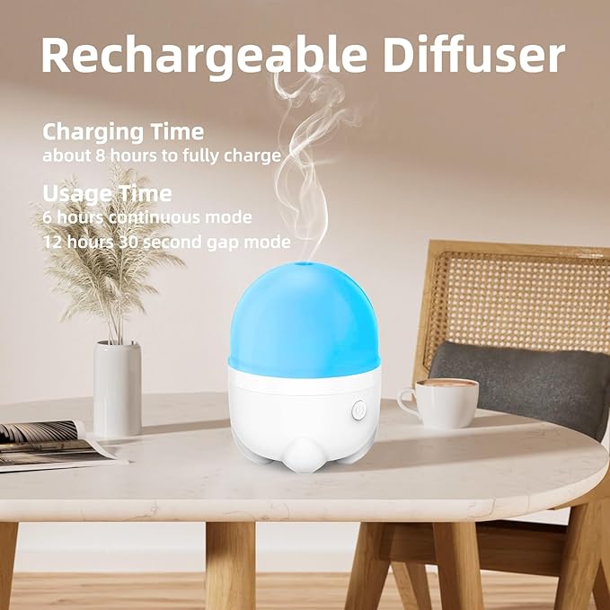 150ML Cordless Battery Powered Essential Oil Diffuser, 7 Hours Run Time,Mini Portable Rechargeable Diffuser with 7 LED Color Changing Lights (White) - Bloomnest