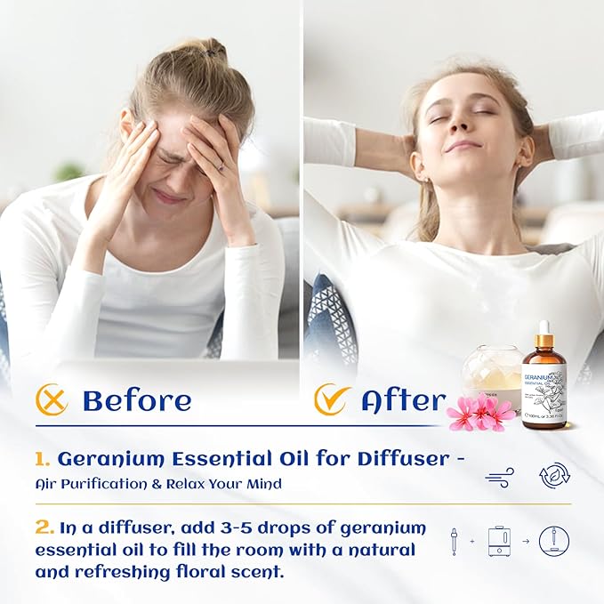 HIQILI 100ML Geranium Essential Oil for Skin, Diffuser & Candle, 100% Pure and Natural - 3.38 Fl Oz - Bloomnest