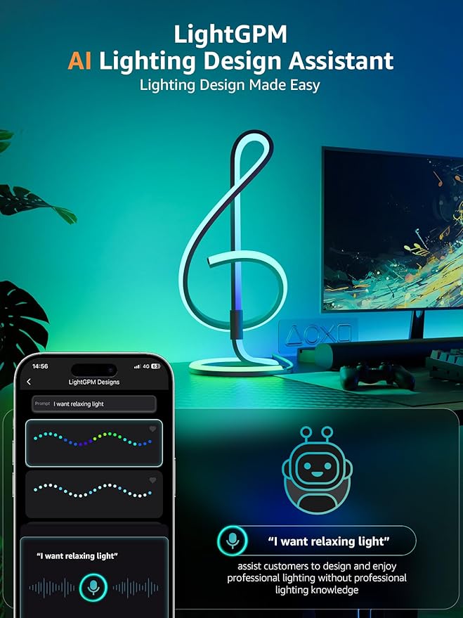 Lepro TB2 AI Smart Table Lamp, RGB+IC Addressable LED Lamps Alexa Google Home Enable, APP Control DIY Color Changing Modern Spiral Lamp, Music Sync, AI Generated Lighting LLM, 2.4 GHz WiFi/Bluetooth - Bloomnest