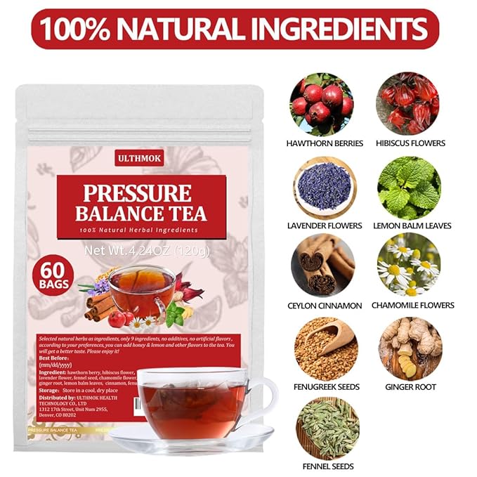 Premium 60 Heart Functional Tea Bags, 9 Natural Superherbs, Pressure Balance Tea, No Artificial Flavors & Caffeine Free. - Bloomnest
