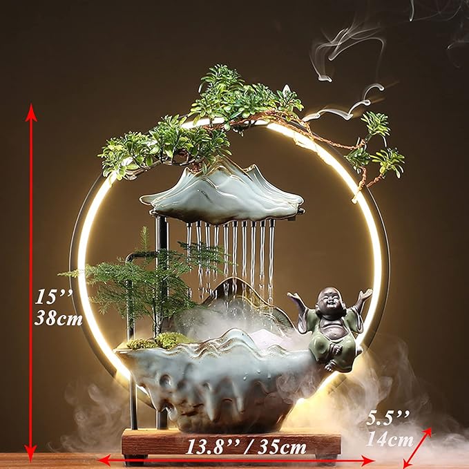 Tabletop Buddha Water Fountains Indoor Water Fall with LED Light Zen Decor for Meditation with Mist Japanese Decor with Fake Plants Feng Shui Decor for Good Luck Wealth - Bloomnest