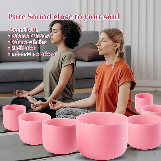 432HZ 6-12 Inch Pink Color Frosted Quartz Crystal Singing Bowls Chakra Set of 7 with Carry Case Bags for Sound Healing and Meditation