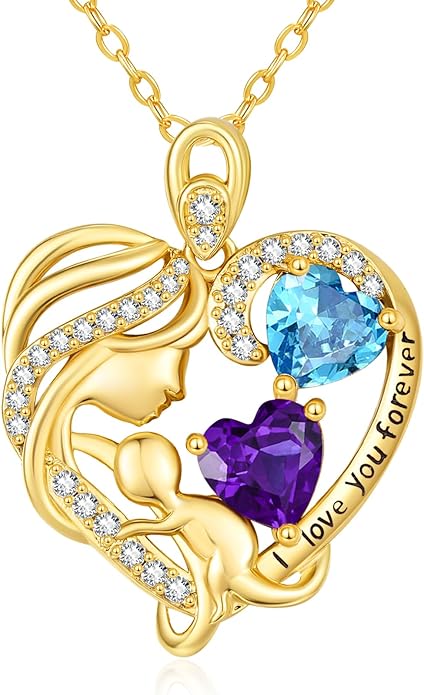 14K Gold Double Birthstone Heart Necklace for Women Mom, Mother Son/Daughter Pendant Necklace for Christmas Mother's Day Birthday Gifts for Wife Daughter Grandmom - Bloomnest