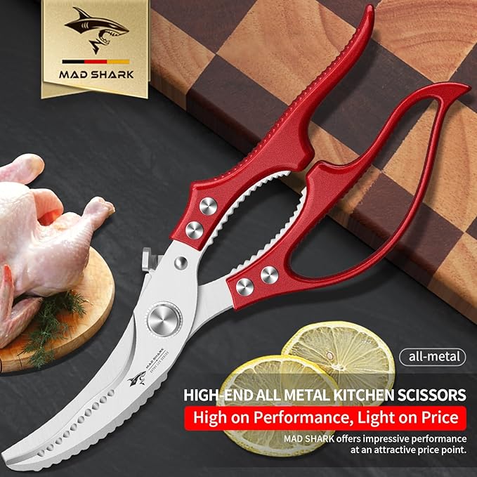 MAD SHARK Professional Heavy Duty Poultry Shears - Kitchen Shears for Spatchcocking Chicken and Meat Cutting, Multi-Purpose Kitchen Scissors for Food, Spring-loaded (Red) - Bloomnest