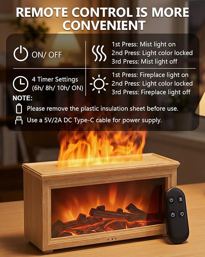 Essential Oil Diffuser, 7-Color Fireplace Fire Flame Aromatherapy Humidifier, 280ml Ultrasonic Aroma Diffuser Valentine's Day Gift with Time Sets and Remote Control for Bedroom Home Yoga Office - Bloomnest