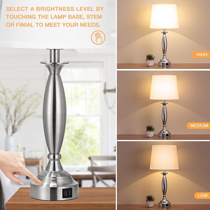 White Lamps for Bedrooms Set of 2 - Touch Control Bedside Lamp with USB C+A, 3 Way Dimmable Nightstand Lamps with USB Port, Table Lamp for Living Room(White Shade and Nickel Base) - Bloomnest