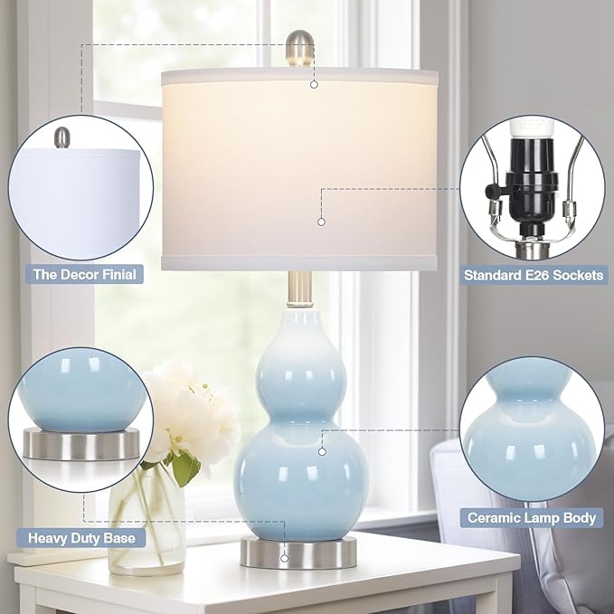 Double Gourd Ceramic Table Lamps Set of 2, Modern Blue Bedside Lamps for Night Stand, Contemporary Nightstand Lamps for Bedroom Living Room (Bulb Included) - Bloomnest