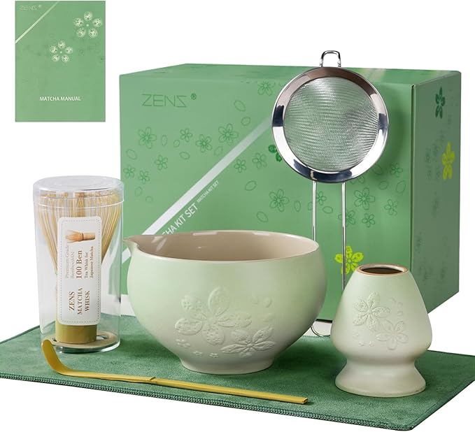 ZENS Matcha Whisk Set, Ceramic Matcha Tea Set with 15oz Sakura Bowl and Bamboo Whisk & Scoop, (Chasen Holder), Stainless Sifter-Tea Towel, 6pcs Matcha Kit for Matcha Lovers, Green - Bloomnest