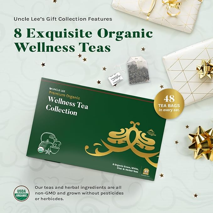 Uncle Lee’s Organic Tea Variety Gift Set – Wellness Collection with 8 Teas (6 Bags Each) in a Premium Gift Box, 3.3 Oz - Bloomnest