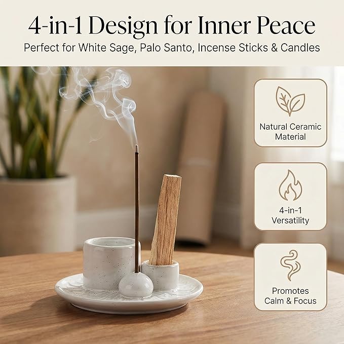Palo Santo Sticks Holder, Multi-Purpose Handmade Ceramic Incense Burner for Palo Santo Incense Sticks, Sage Holder for Burning, Ash Catcher Tray for Meditation Yoga Room (Spotted White) ToolSentryX