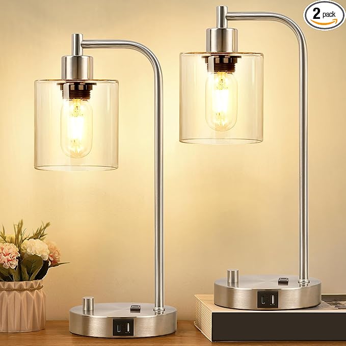 Set of 2 Industrial Table Lamps with USB C+A Ports and Outlet, Brushed Nickle Fully Stepless Dimmable Bedside Lamps, Nightstand Lamp with Clear Glass Shade for Bedroom Living Room 2 LED Bulb Included - Bloomnest