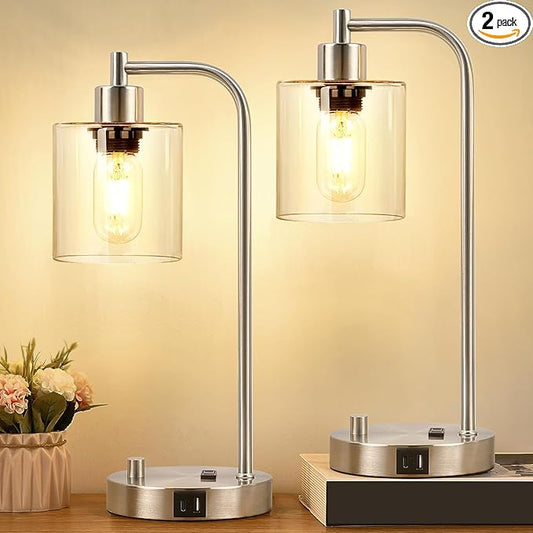 Set of 2 Industrial Table Lamps with USB C+A Ports and Outlet, Brushed Nickle Fully Stepless Dimmable Bedside Lamps, Nightstand Lamp with Clear Glass Shade for Bedroom Living Room 2 LED Bulb Included - Bloomnest