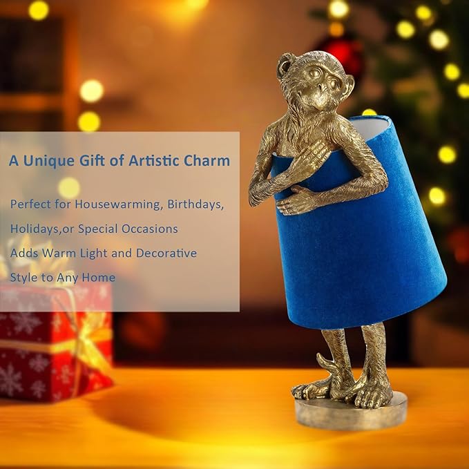 Crestview Collection Monkey Table Lamp – Gold Resin Animal Lamp, Retro Rustic Art Deco Farmhouse Desk Lamp with Blue Velvet Shade for Bedroom, Living Room, Bedside, Nightstand or Small Space - Bloomnest